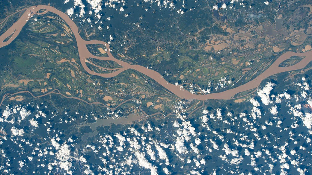 The Amazon River is pictured from the International Space Station as it orbited 260 miles above Brazil in South America.
