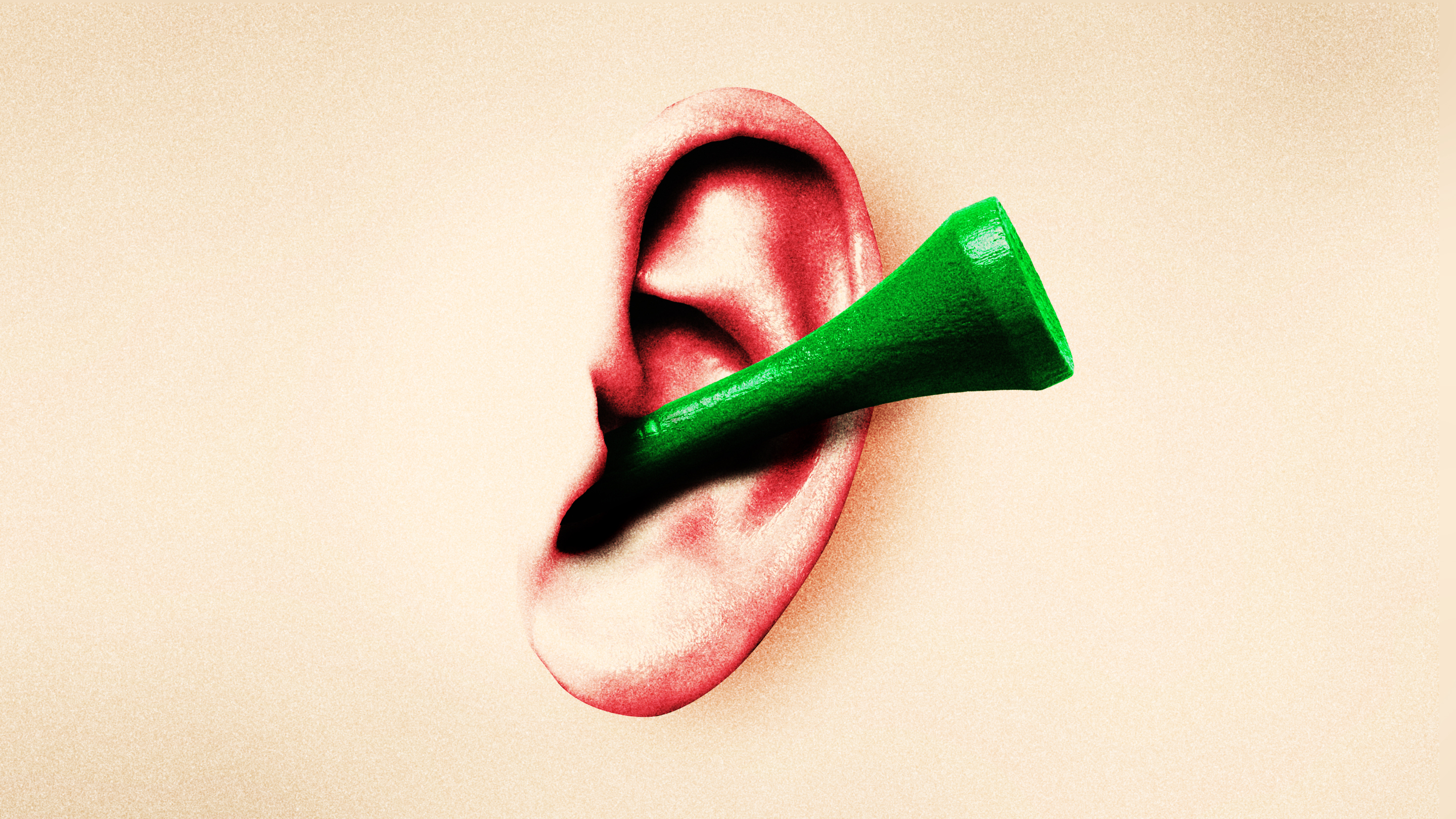 Illustration of a golf tee stuck in a human ear