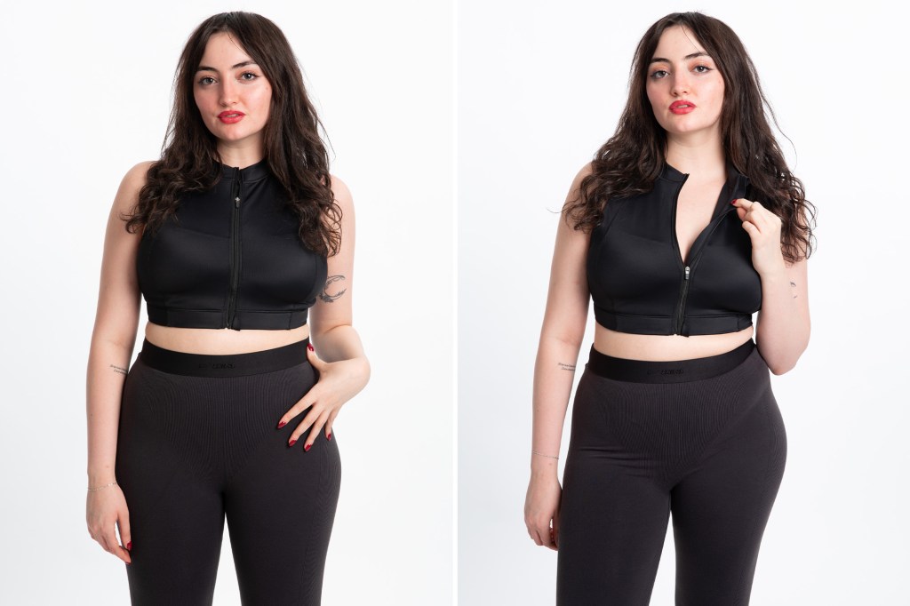 Collage of Marissa Matozzo in black Nike x Skims athletic wear, with one image showing a zipped-up top and the other showing a partially unzipped top.