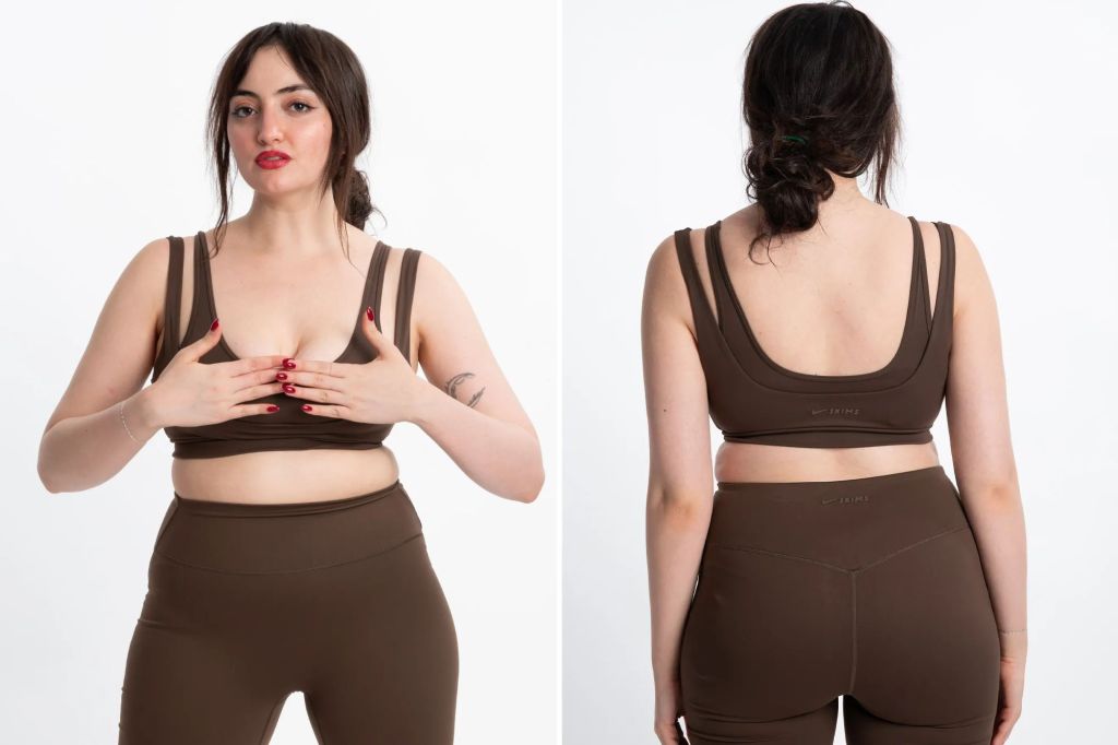 An image collage containing 2 images, Image 1 shows A woman wearing a brown sports bra and bike shorts, with her hands clasped on her chest, Image 2 shows Collage of a woman wearing a brown sports bra and bike shorts, from the front and back