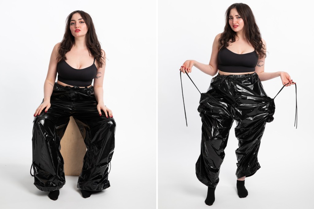 Collage of reporter Marissa Matozzo modeling shiny black pants from the Nike x Skims Kim Kardashian line.