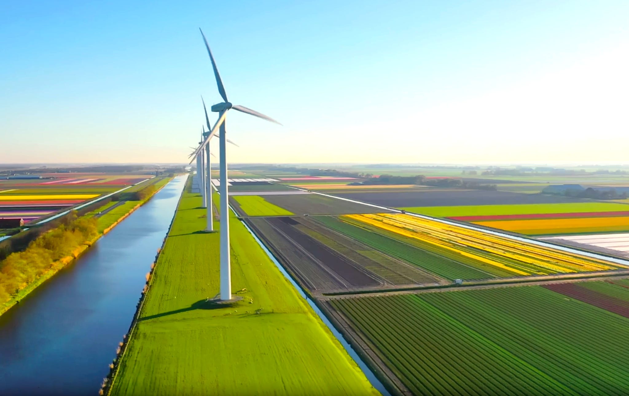Giant wind turbines stand amid fields of crops next to a river.