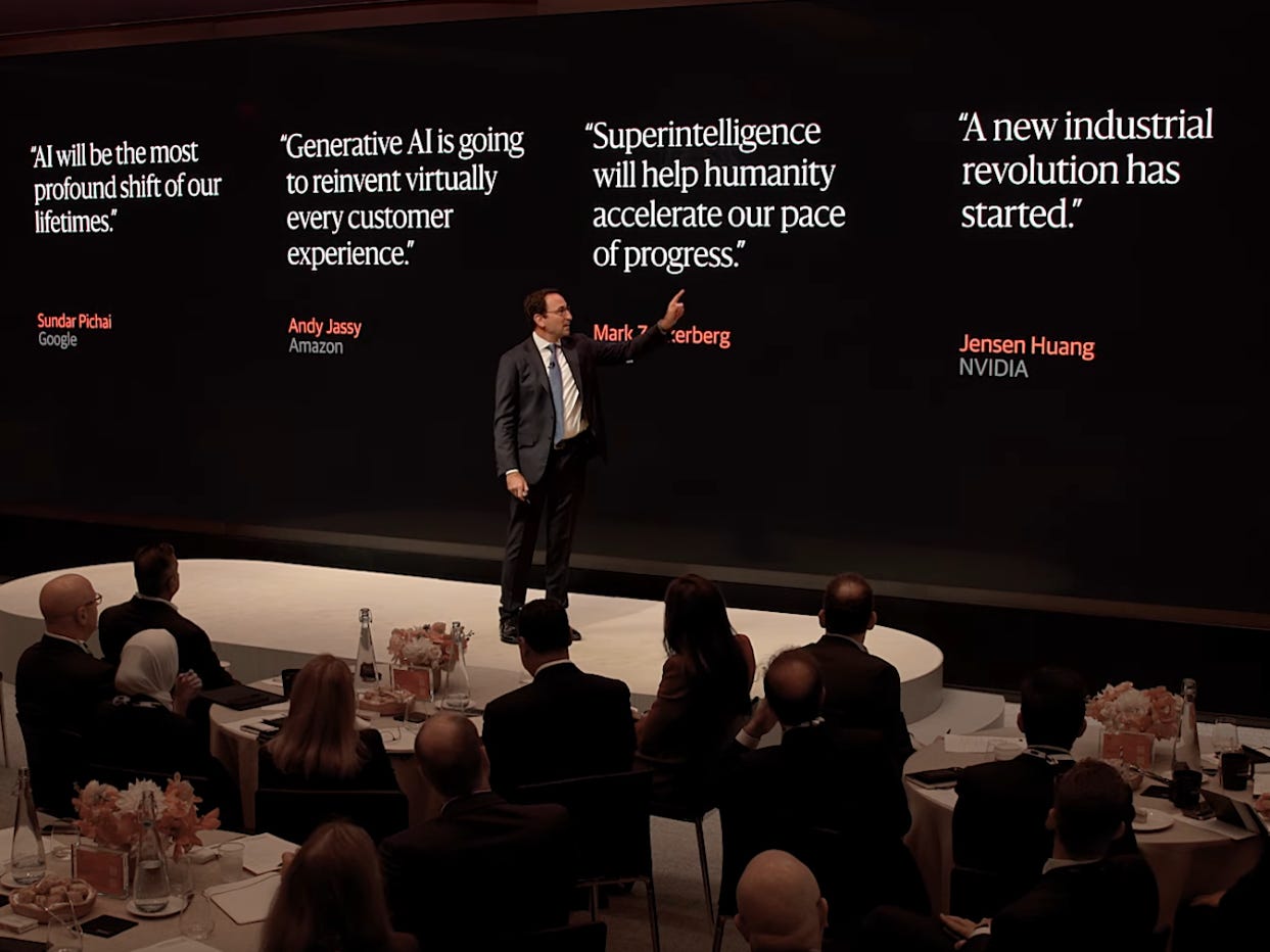 A screenshot of a Blackstone presentation where Jon Gray points to tech leaders words about AI's impact.