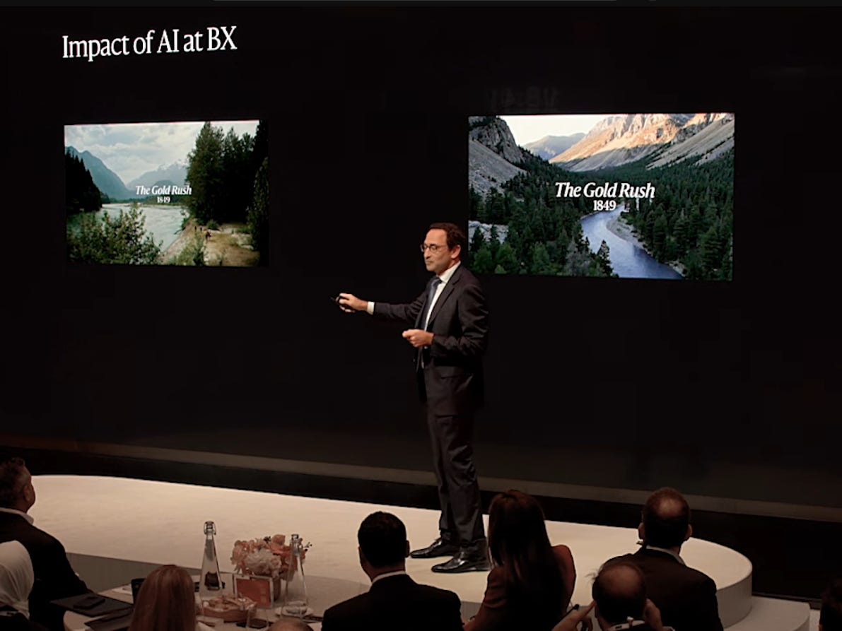 Blackstone's Jon Gray in front of two versions of its latest commercial, one of which was made by generative AI.