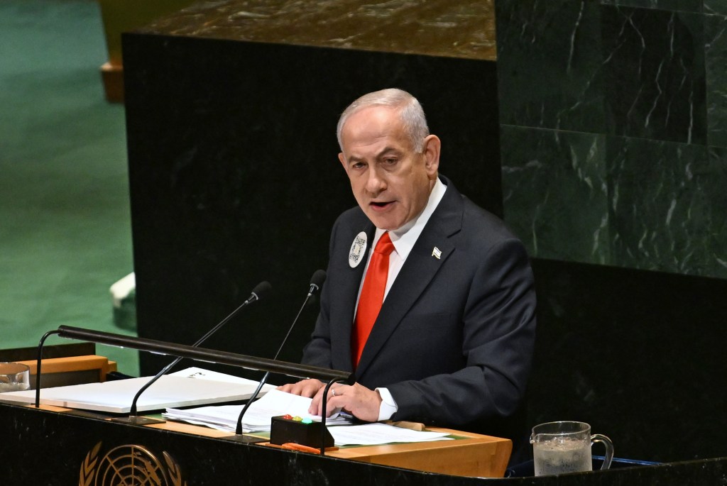 Israel’s Prime Minister Benjamin Netanyahu speaking at the UN’s General Assembly.