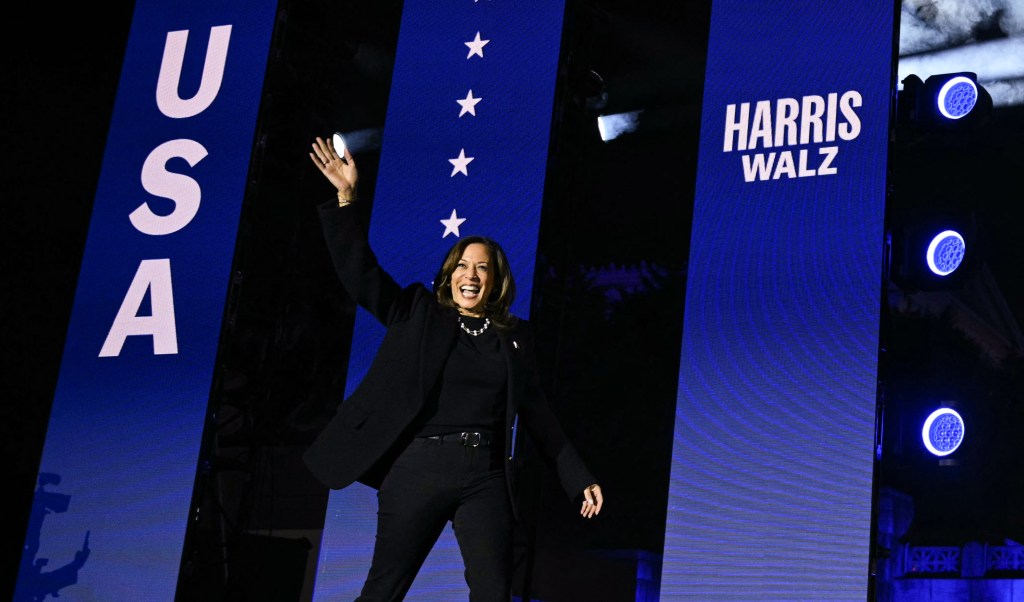 US Vice President Kamala Harris waving at a campaign rally.