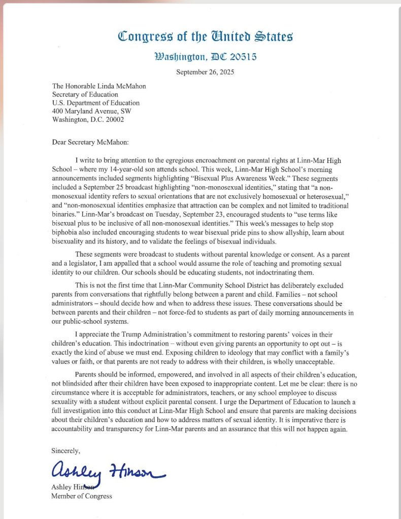 A letter from Representative Ashley Hinson to Secretary of Education Linda McMahon about her son's high school celebrating 