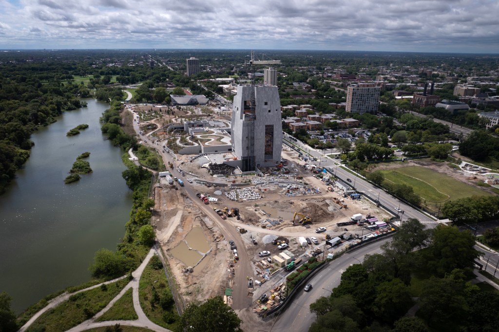Aerial view of construction underway at The Barack Obama Presidential Center in Chicago.