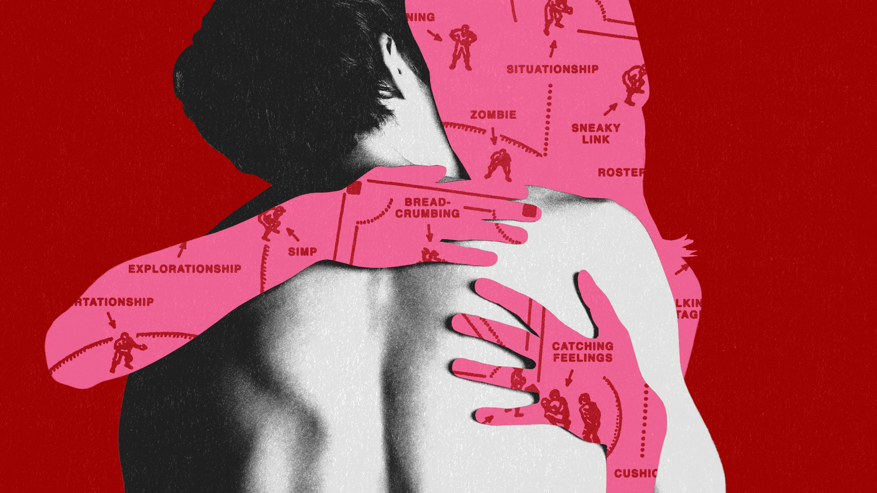 An illustration of two people embracing; one of them has a variety of language such as 