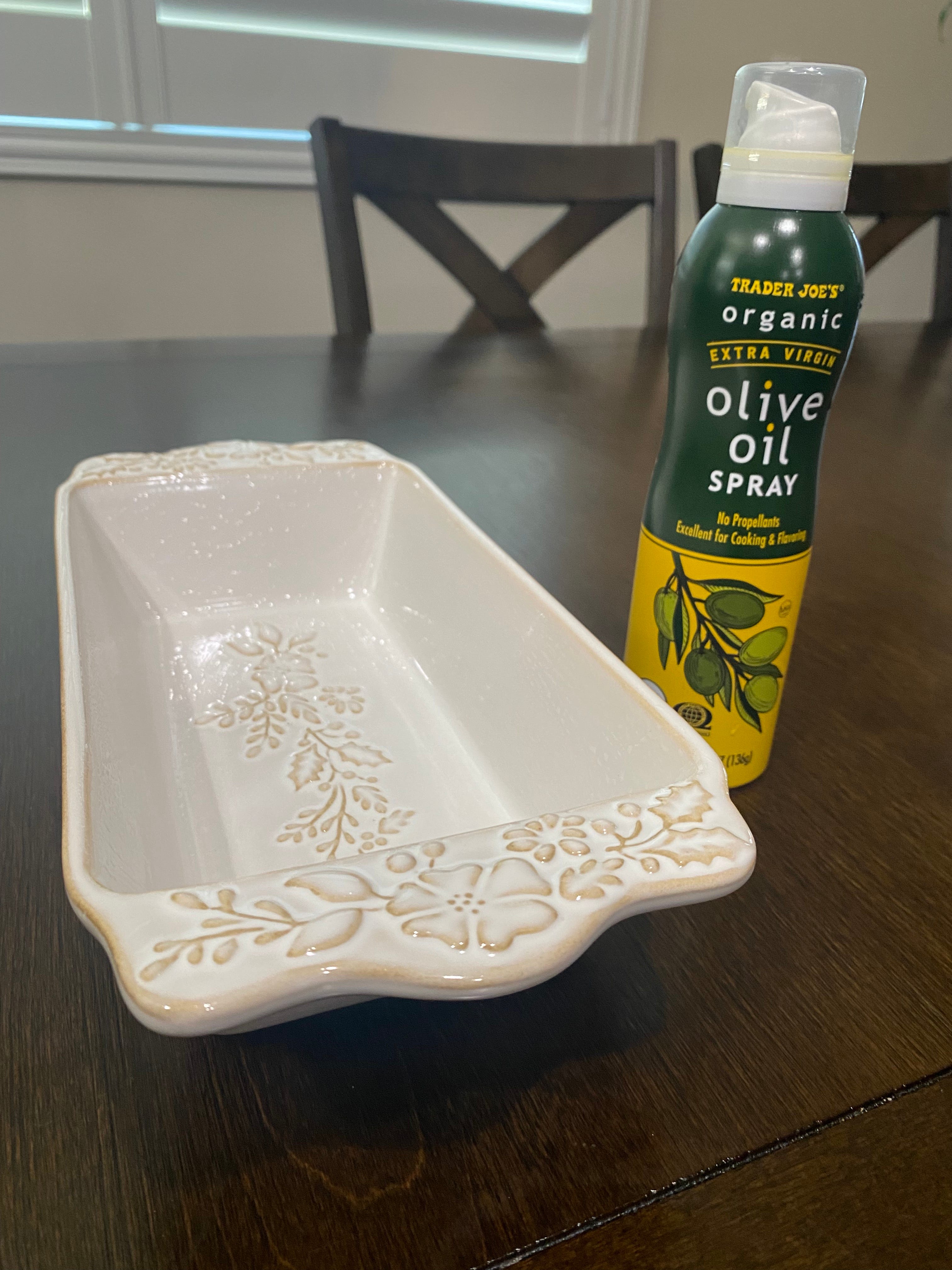 Bread pan and olive oil spray.