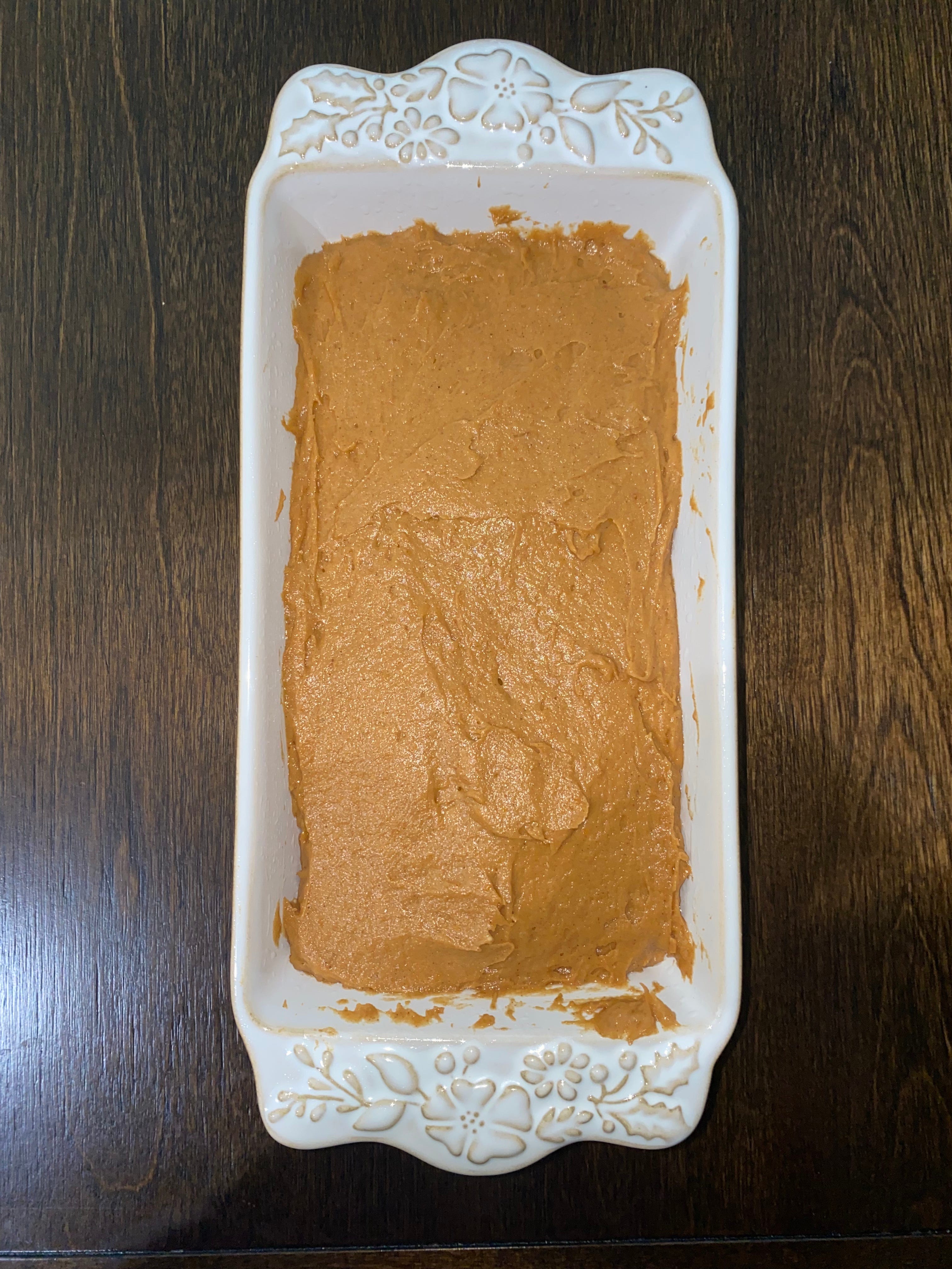 Pumpkin bread mixture in the bread pan.