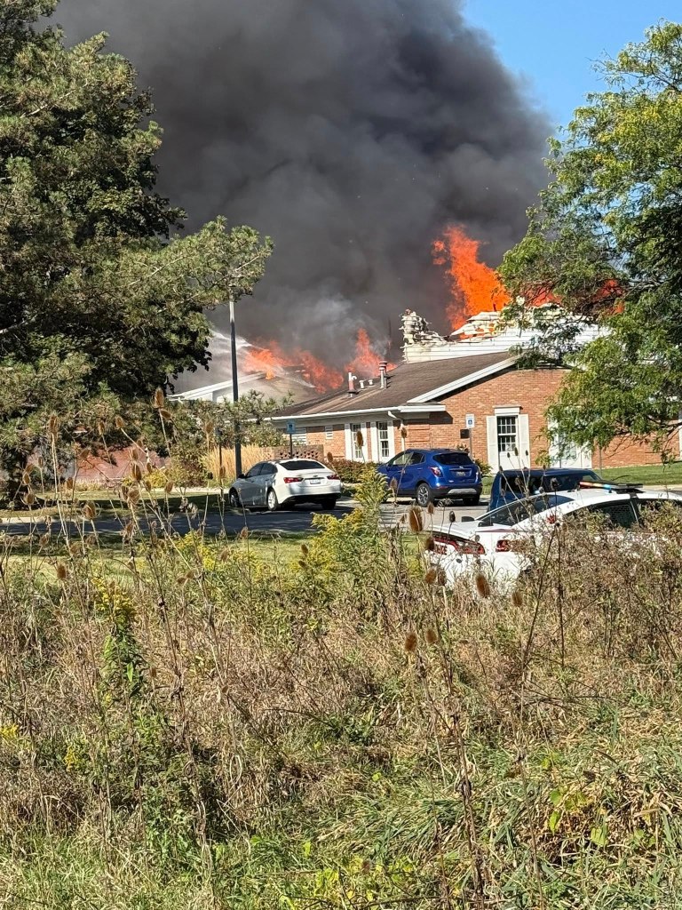 Massive fire and smoke engulfing the Church of Latter-Day Saints in Grand Blanc Township, Michigan.