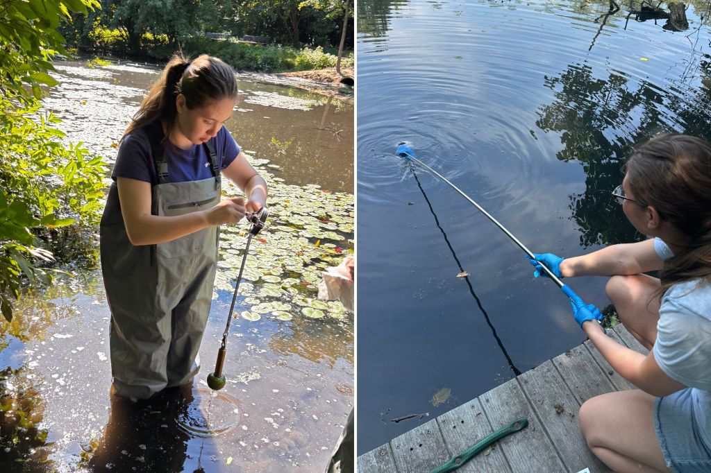 composite photo showing Emilia testing the depth and testing the water quality. 