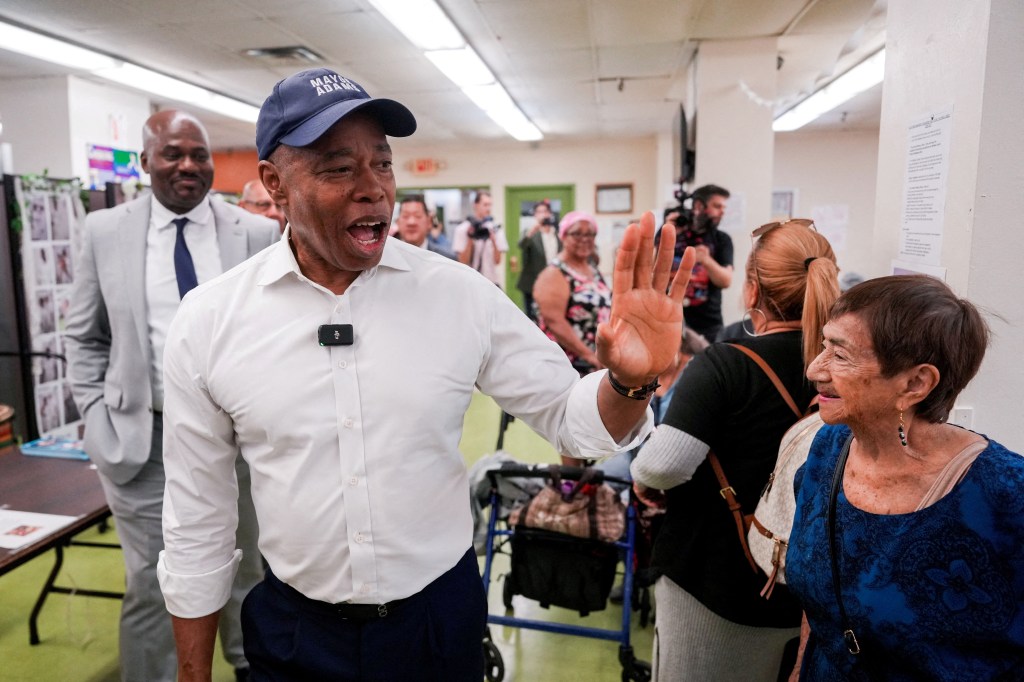 New York City Mayor Eric Adams campaigns at a retirement center.