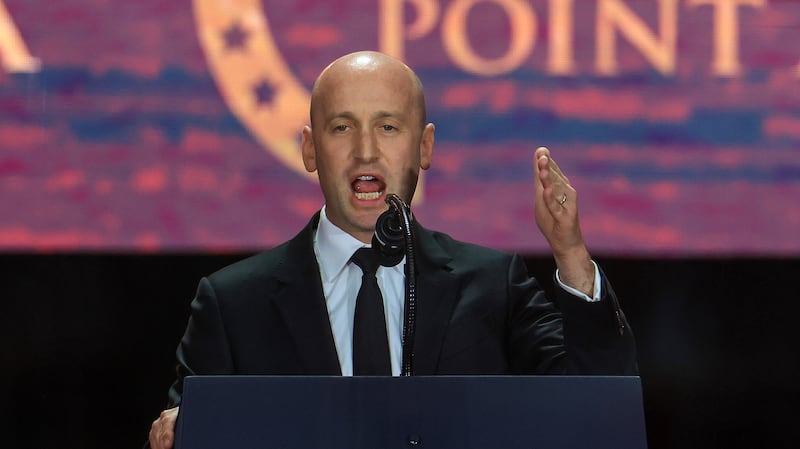 GLENDALE, ARIZONA - SEPTEMBER 21: White House Deputy Chief of Staff Stephen Miller speaks during the memorial service for political activist Charlie Kirk at State Farm Stadium on September 21, 2025 in Glendale, Arizona. Kirk, the CEO and co-founder of Turning Point USA, was shot and killed on September 10th while speaking at an event during his "American Comeback Tour" at Utah Valley University.
