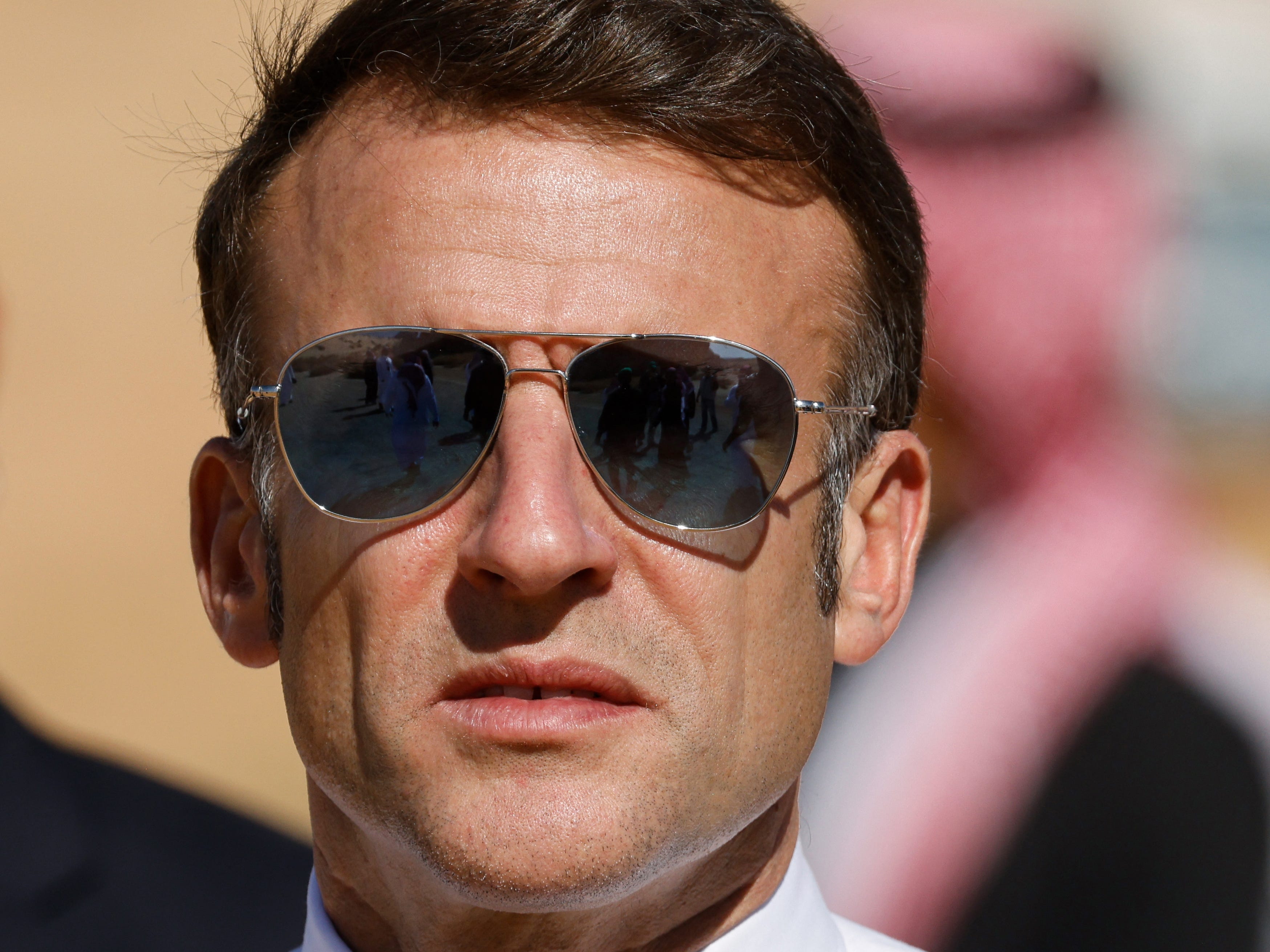 French President Emmanuel Macron visits the archaeological site of al-Hijr (Hegra) in Saudi Arabia on December 4, 2024.