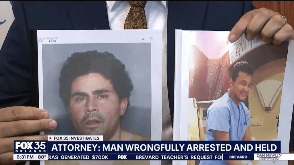 Collage of two images, one of a mugshot and the other of a man in scrubs.