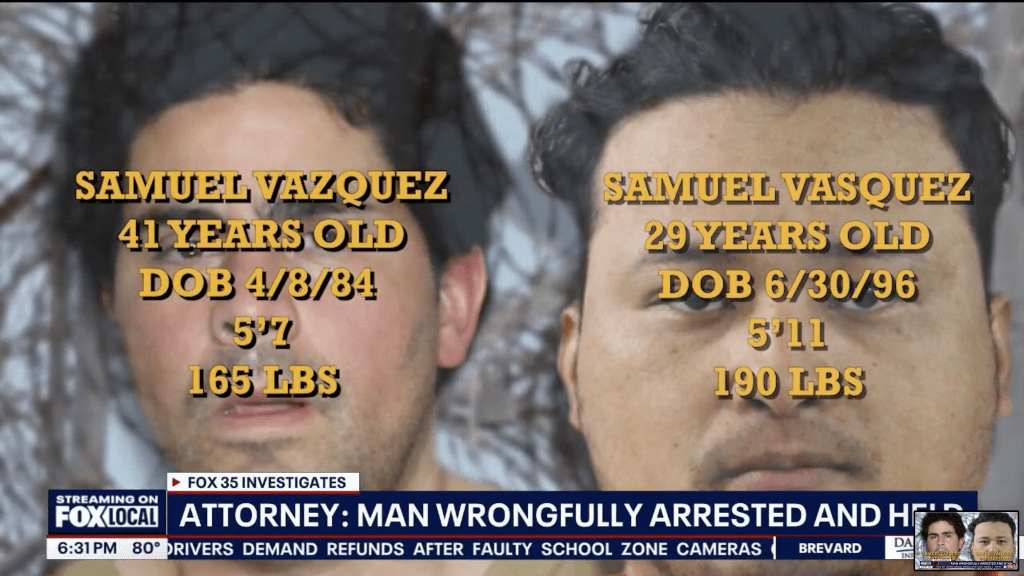 A split image showing two men, both identified as Samuel Vazquez, with differing ages, birthdates, heights, and weights.