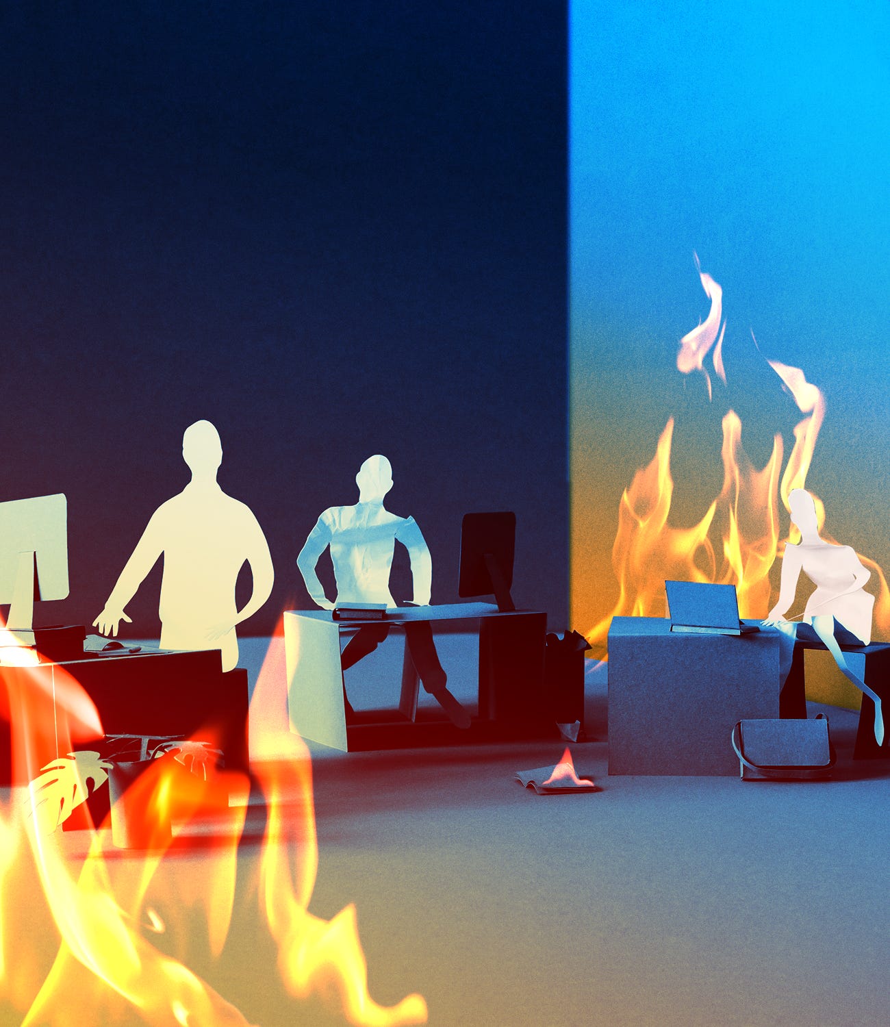 A workplace made of paper engulfed in fire