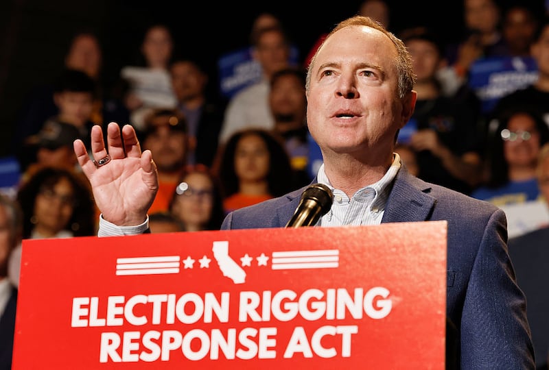 U.S. Sen. Adam Schiff (D-CA) speaks about the “Election Rigging Response Act” at a press conference at the Democracy Center, Japanese American National Museum on August 14, 2025 in Los Angeles, California. Newsom spoke about a possible California referendum on redistricting to counter the legislative effort to add five Republican House seats in the state of Texas. (Photo by Mario Tama/Getty Images)