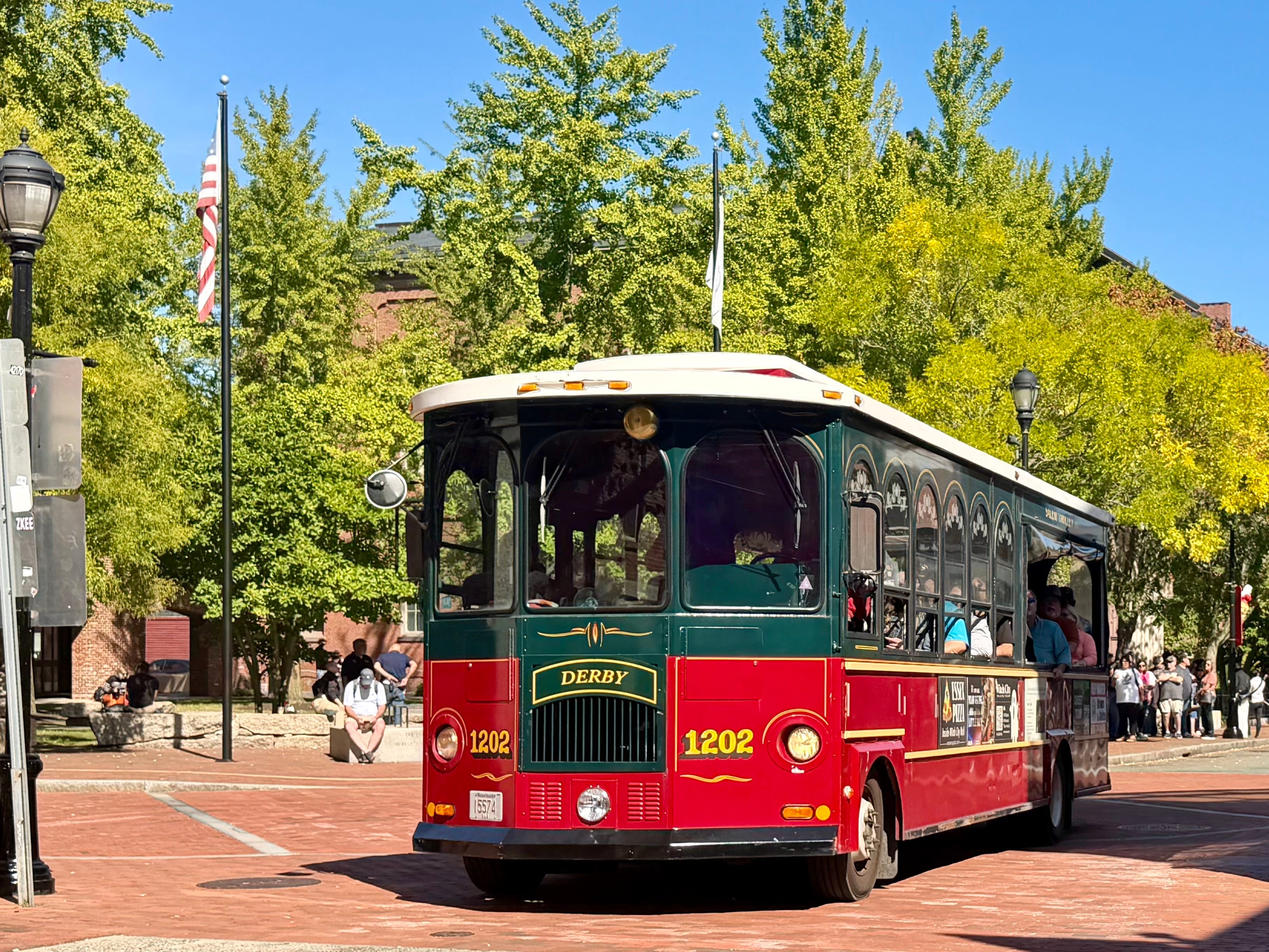 A trolley on the street in Salem, Massachusetts.