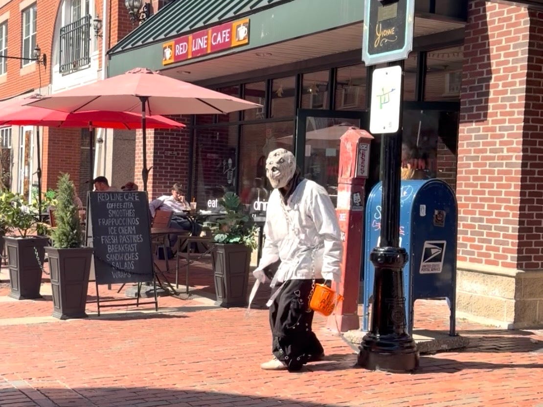 A person dressed as a monster on the streets of Salem, Massachusetts.