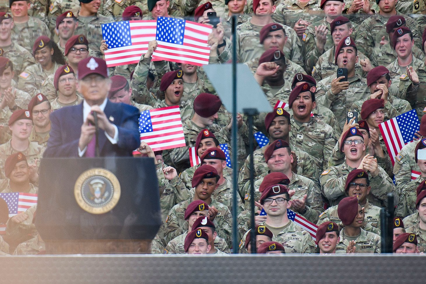 Soldiers react as Trump arrives on stage during a celebration in honor of the 250th anniversary of the U.S. Army in Fort Bragg, North Carolina.