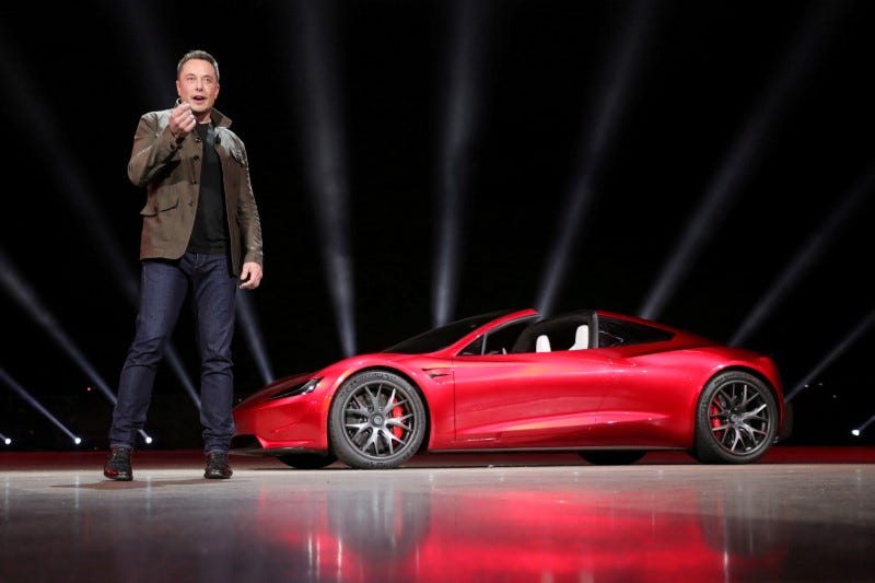 FILE PHOTO:    Tesla CEO Elon Musk unveils the Roadster 2 during a presentation in Hawthorne, California, U.S., November 16, 2017. Tesla/Handout via REUTERS/File Photo