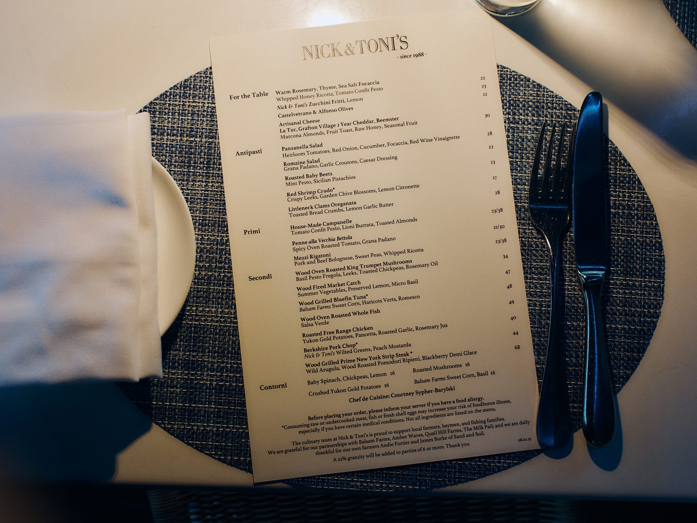 nick and toni's menu