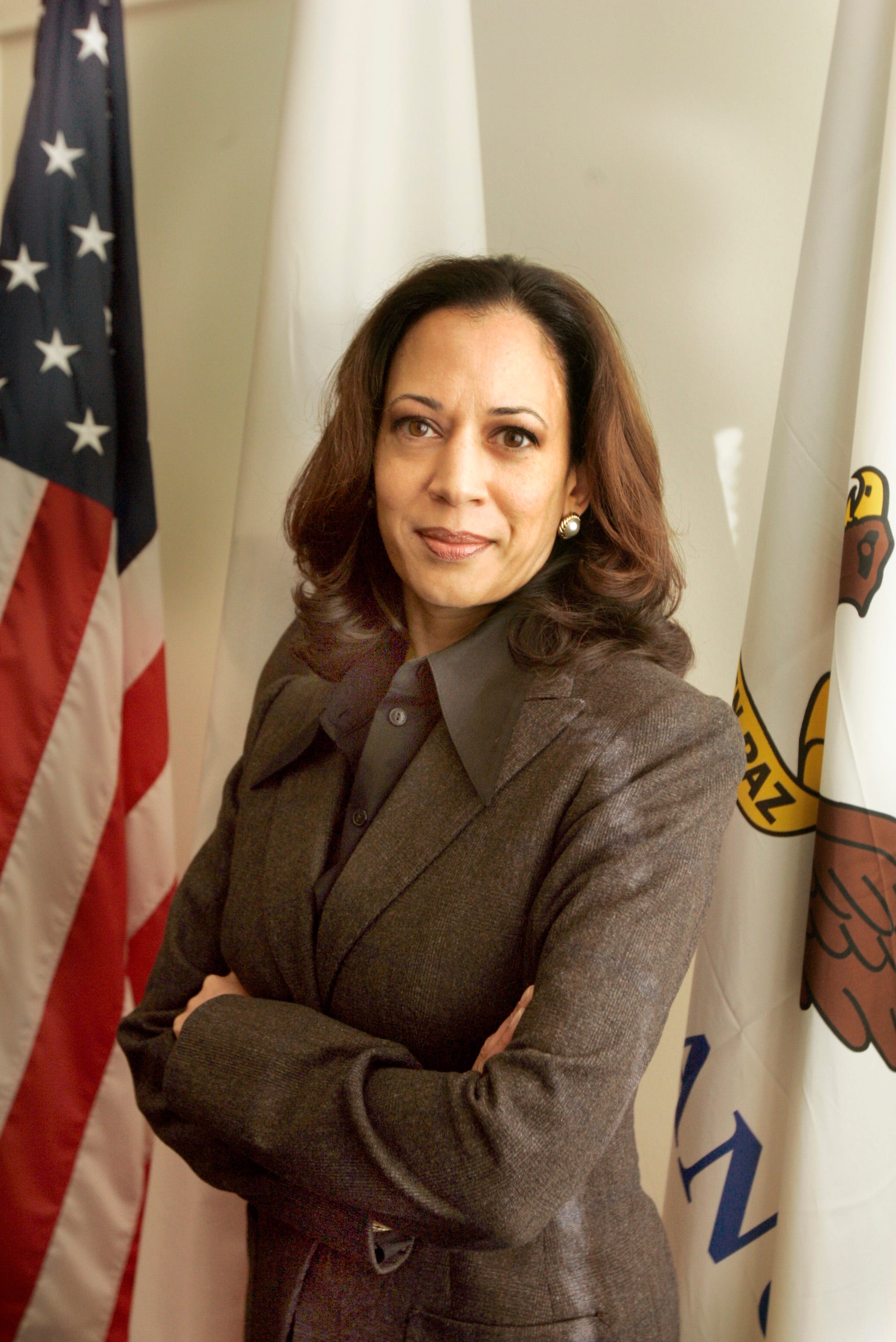Kamala Harris wearing a gray suit in a professional headshot.