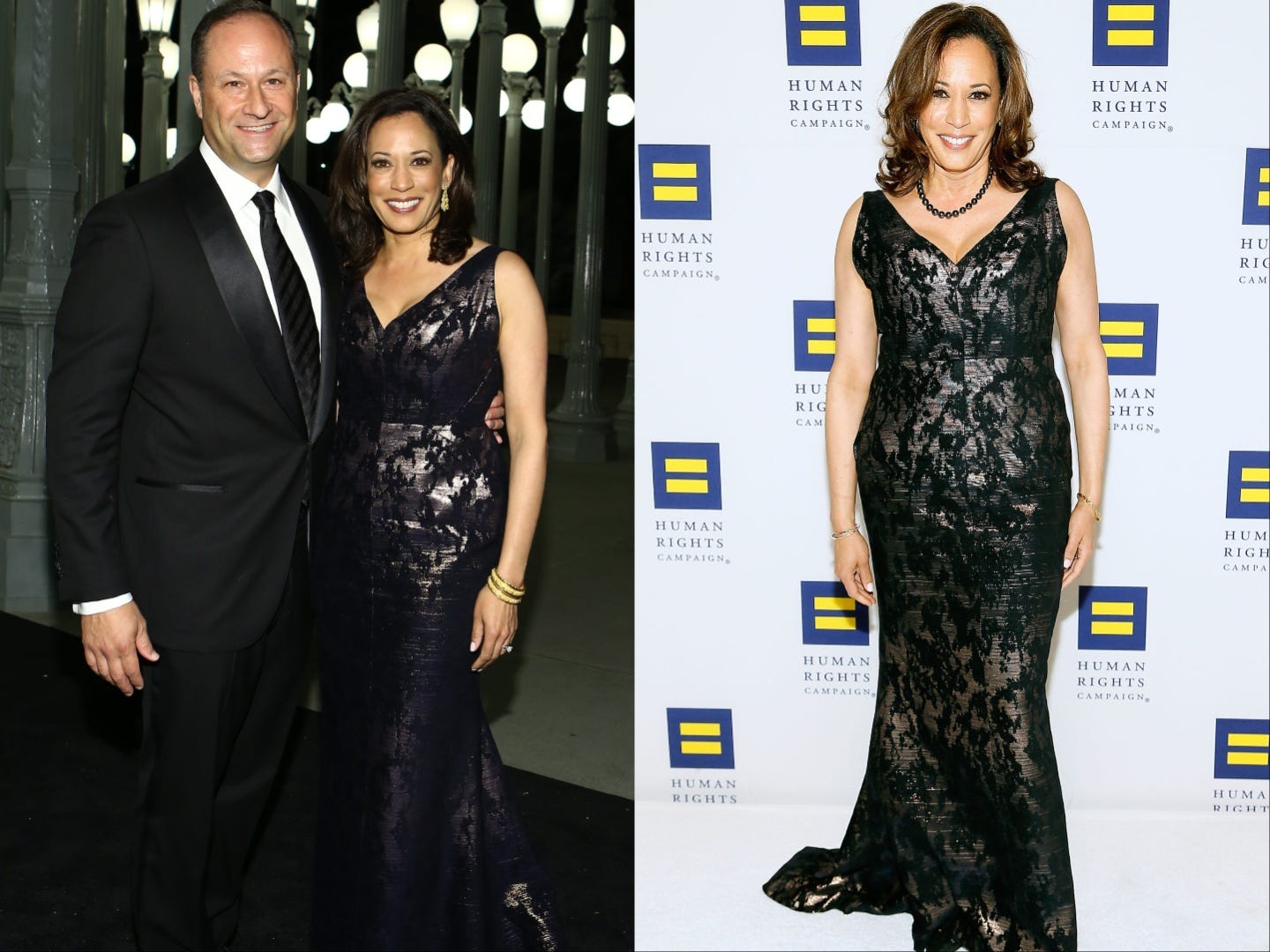A composite image of Doug Emhoff and Kamala Harris posing together and of Harris at an event. She's wearing the same black gown in both photos.