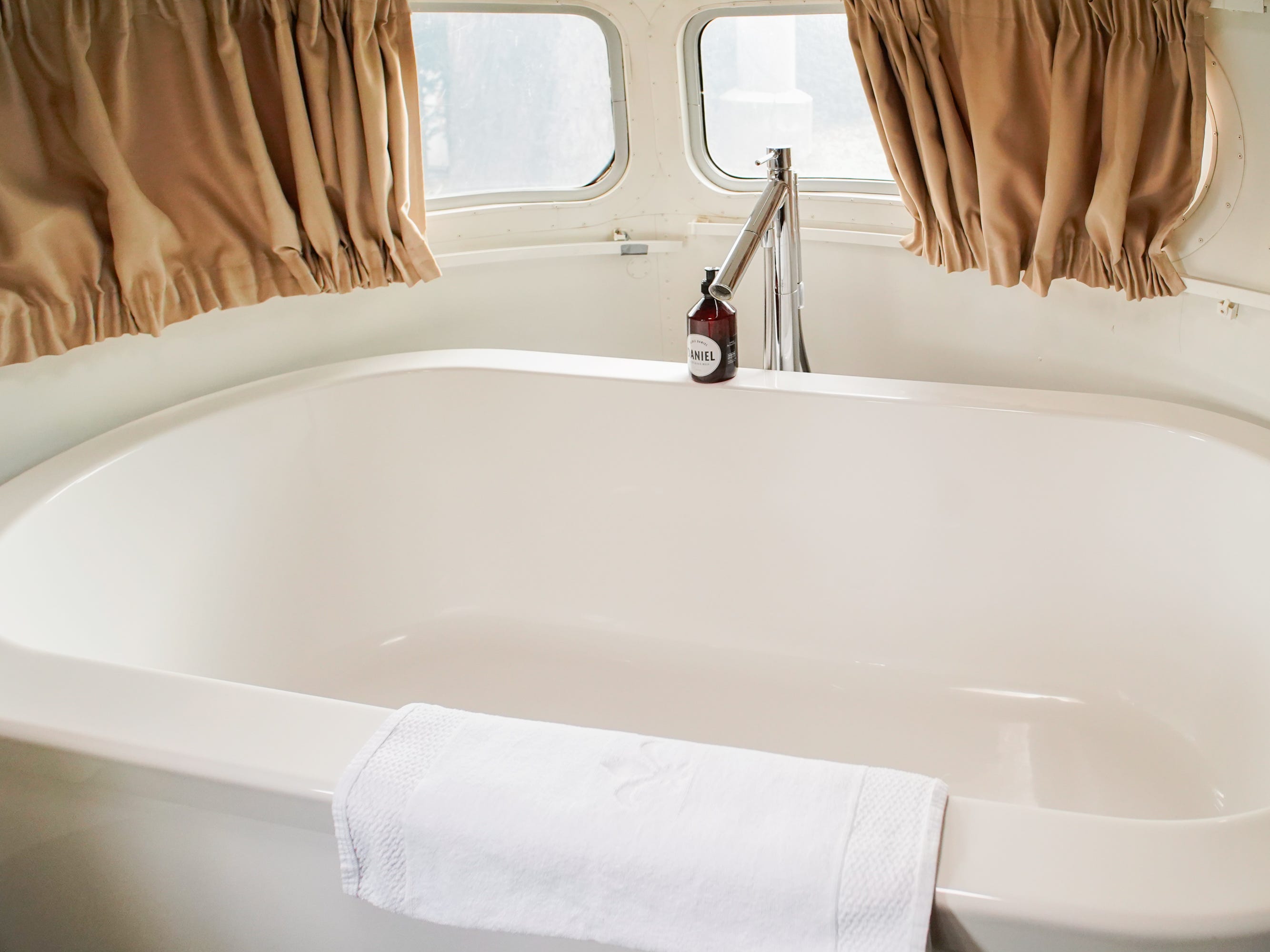 The bathroom inside the airstream trailer.