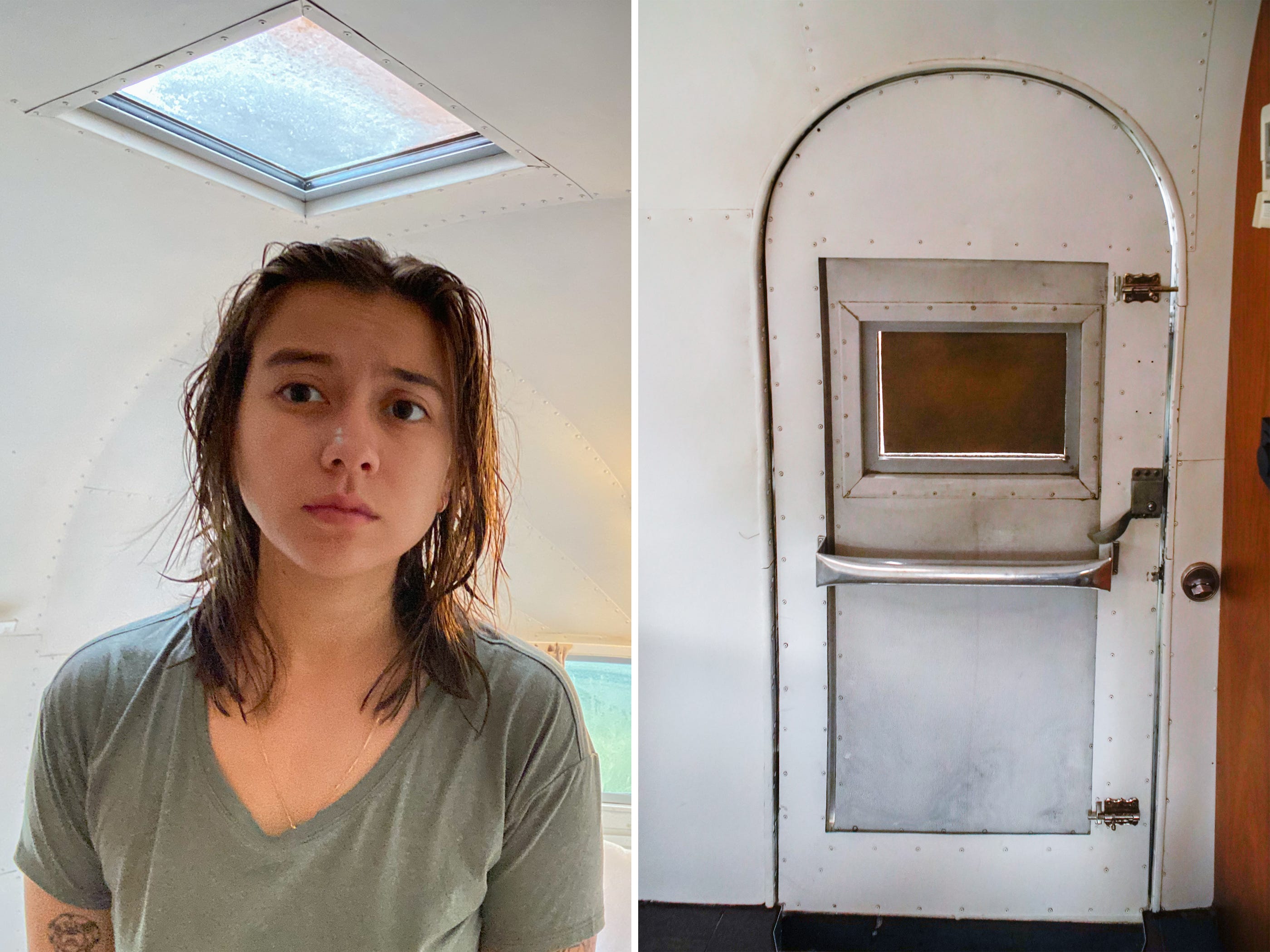 A composite image of the author reacts to banging on the door and the door