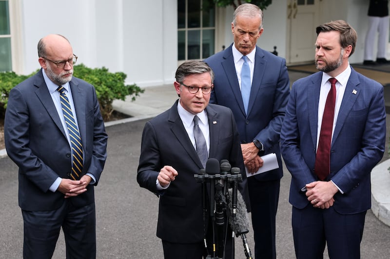House Speaker Mike Johnson was flanked by Vice President JD Vance, Office of Management and Budget Director Russell Vought and Senate Majority Leader John Thune  as they indicated they were no closer to reaching a deal with Democrats to avoid a government shutdown.