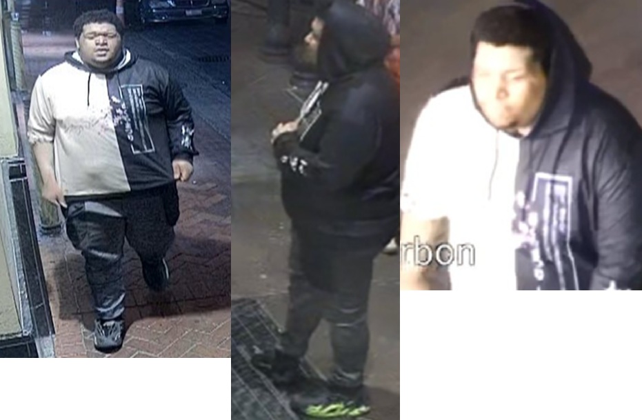 Collage of three images of a person wearing a half-black, half-white hoodie.