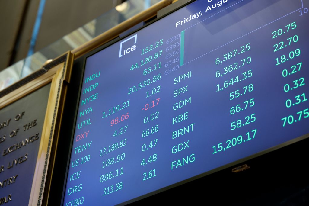 A board on the floor of the NYSE showing major indexes mostly higher after the opening bell.