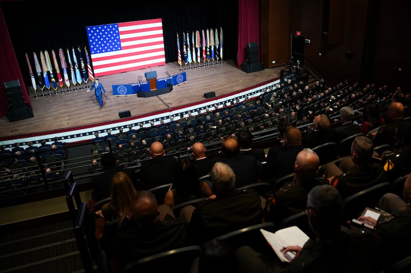 U.S. Secretary of War Pete Hegseth speaks to senior military leaders at Marine Corps Base Quantico