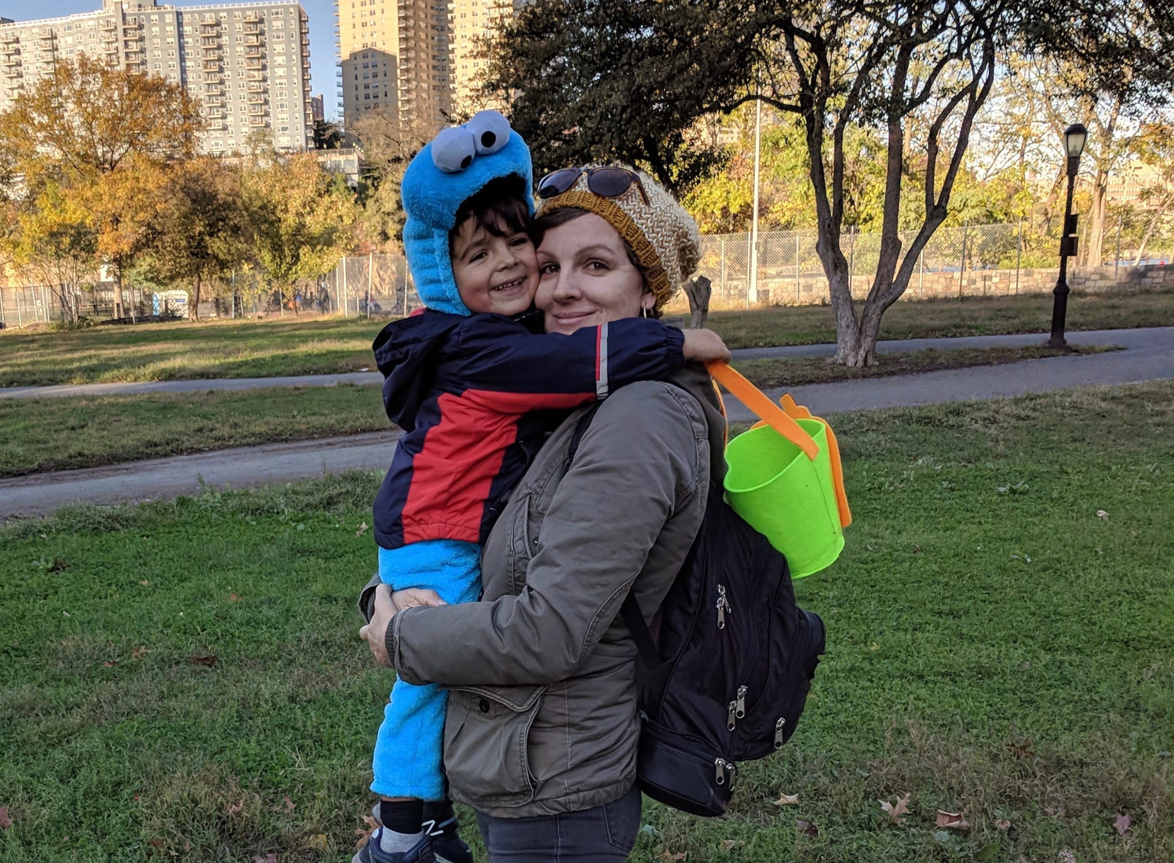 The author and her son on Halloween in New York.