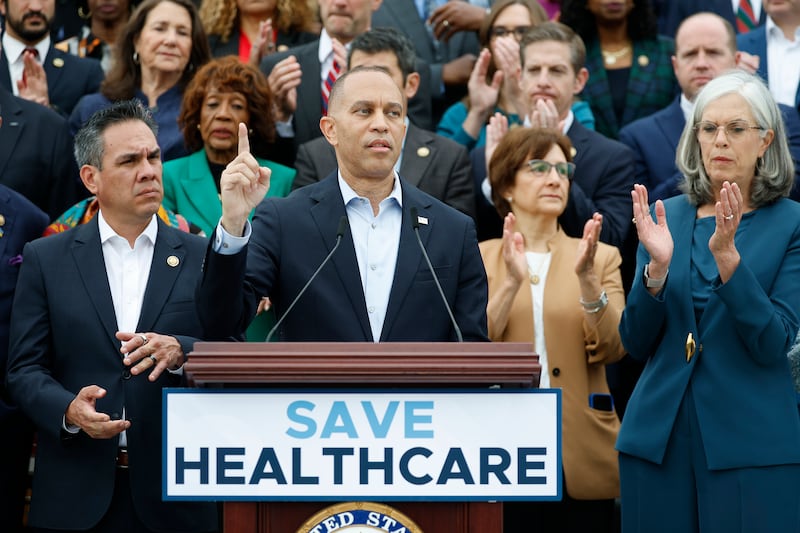 House Minority Leader Hakeem Jeffries rallied with Democrats on Capitol Hill on Tuesday and blasted Republicans for skipping town ahead of the government funding deadline. He fired back at the president for posting a racist deepfake of him after their Monday Oval Office meeting.