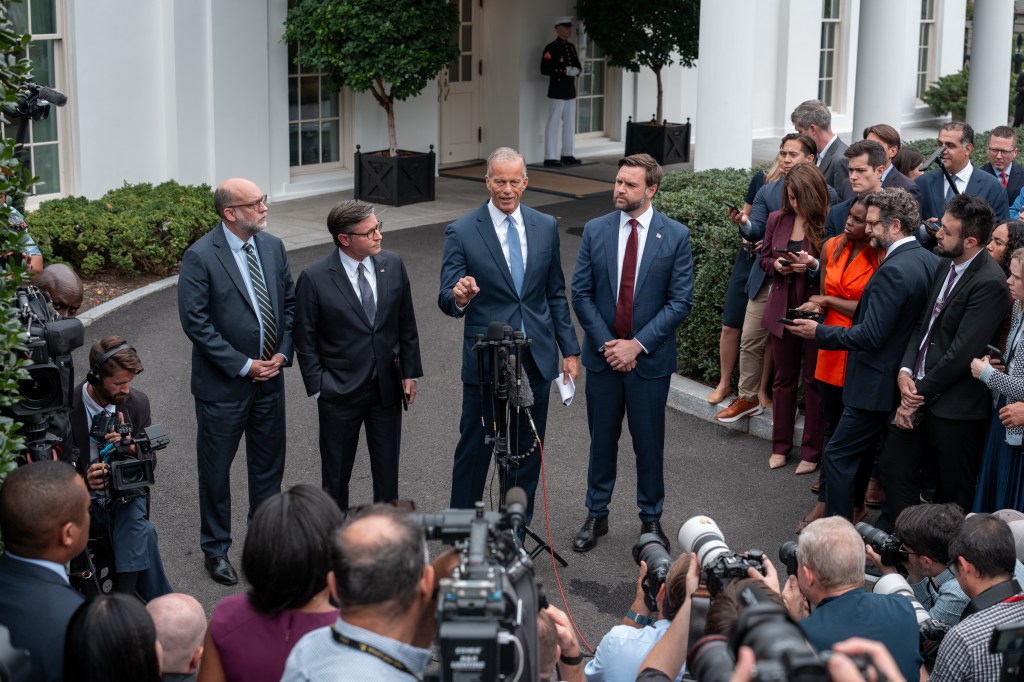 Republican leaders JD Vance, Mike Johnson, John Thune, and Russell Vought speak to the press outside the White House.