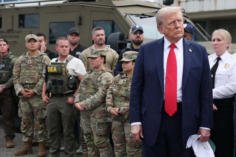 WASHINGTON, DC - AUGUST 21: U.S. President Donald Trump visits the U.S. Park Police Anacostia Operations Facility on August 21, 2025 in Washington, DC. The Trump administration has deployed federal officers and the National Guard to the District in order to place the DC Metropolitan Police Department under federal control and assist in crime prevention in the nation's capital.  (Photo by Anna Moneymaker/Getty Images)