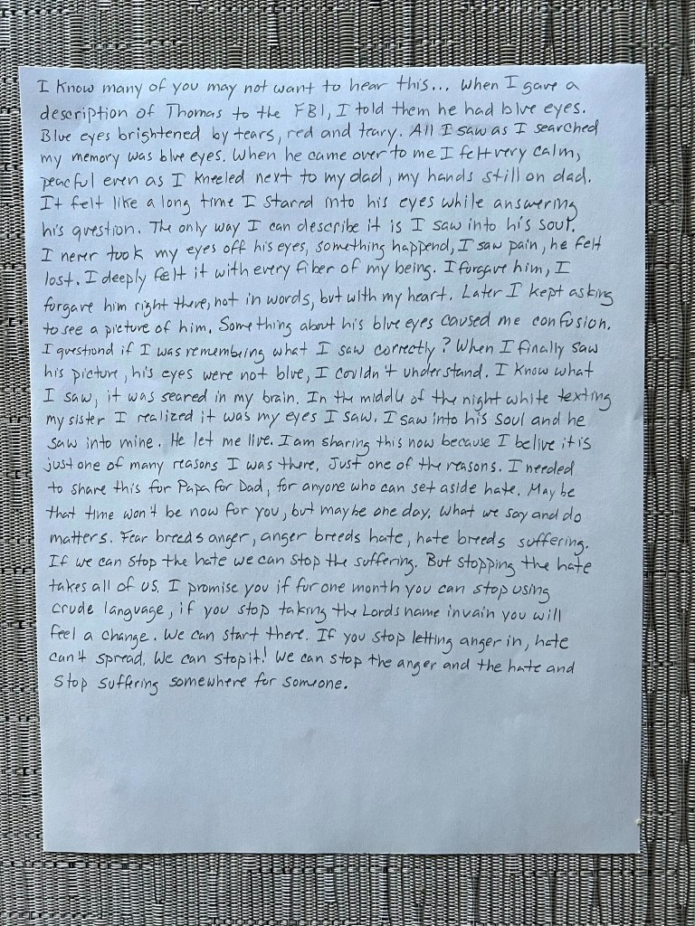 A handwritten letter of forgiveness from Craig Hayden's daughter, Julie Green, to the gunman who killed her father.