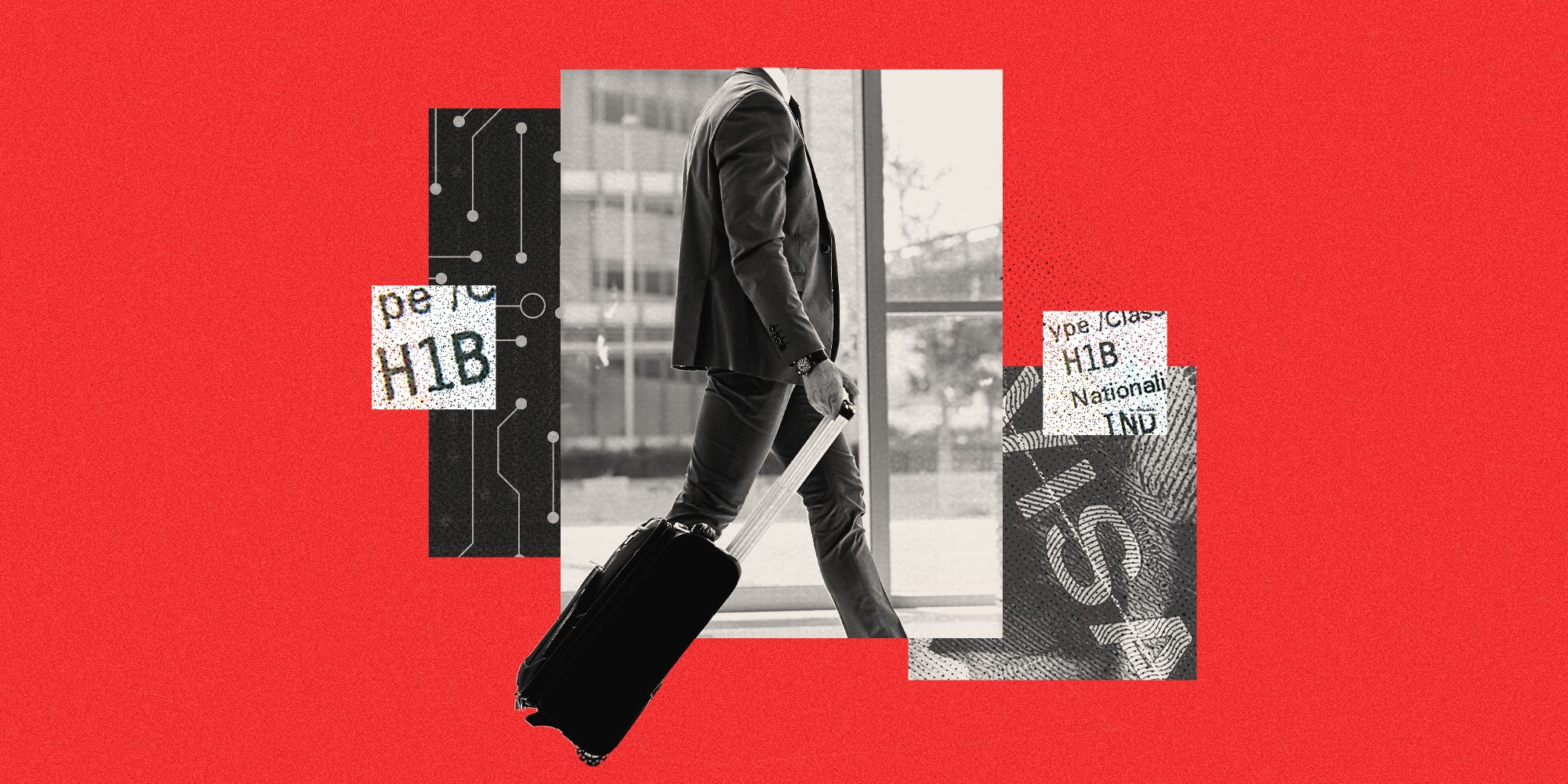 A photo collage features a businessman pulling a suitcase surrounded by a tech pattern, a visa stamp, and H-1 B visa elements.