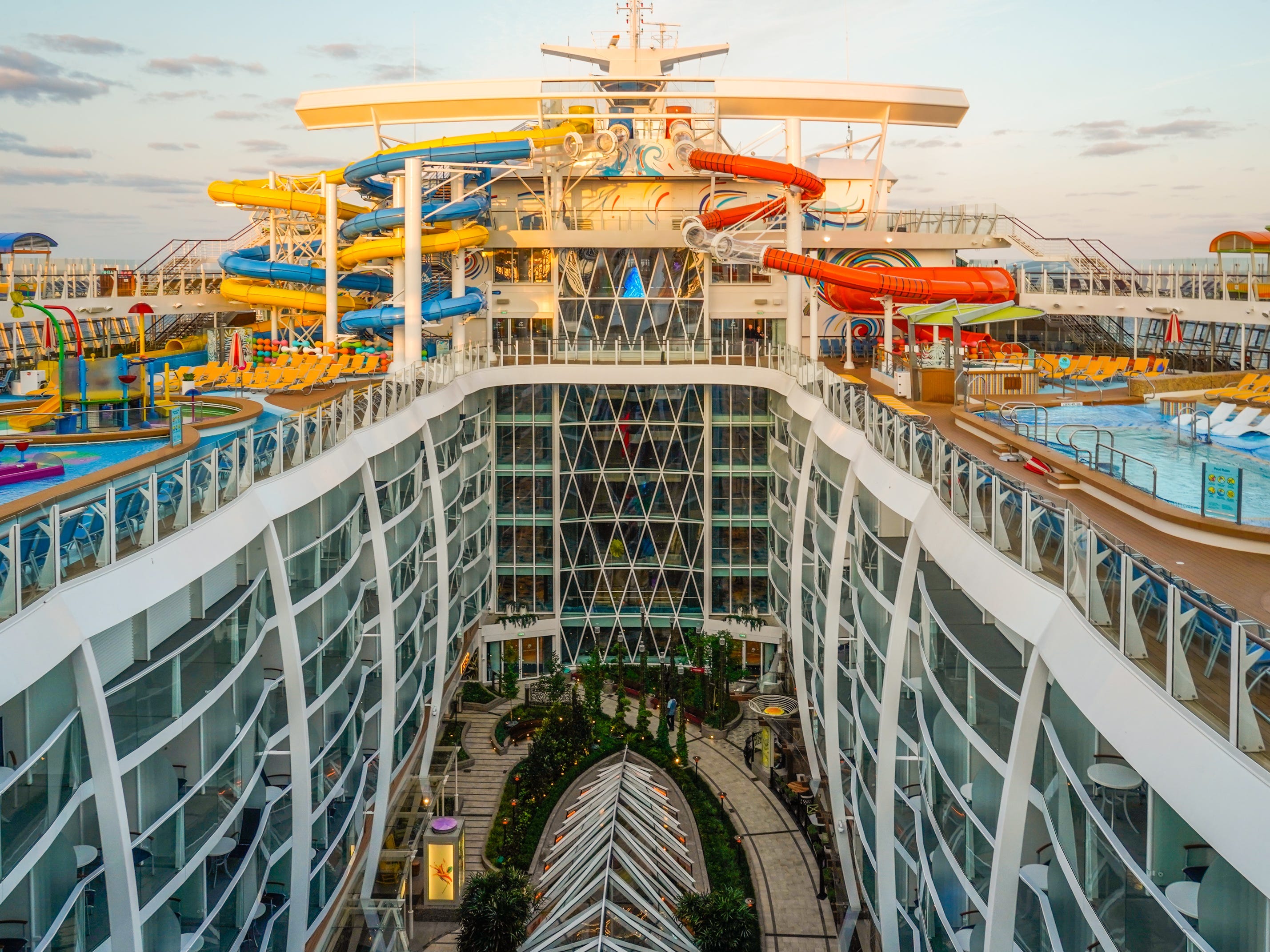 A wide view of Wonder of the Seas cruise ship from the top deck