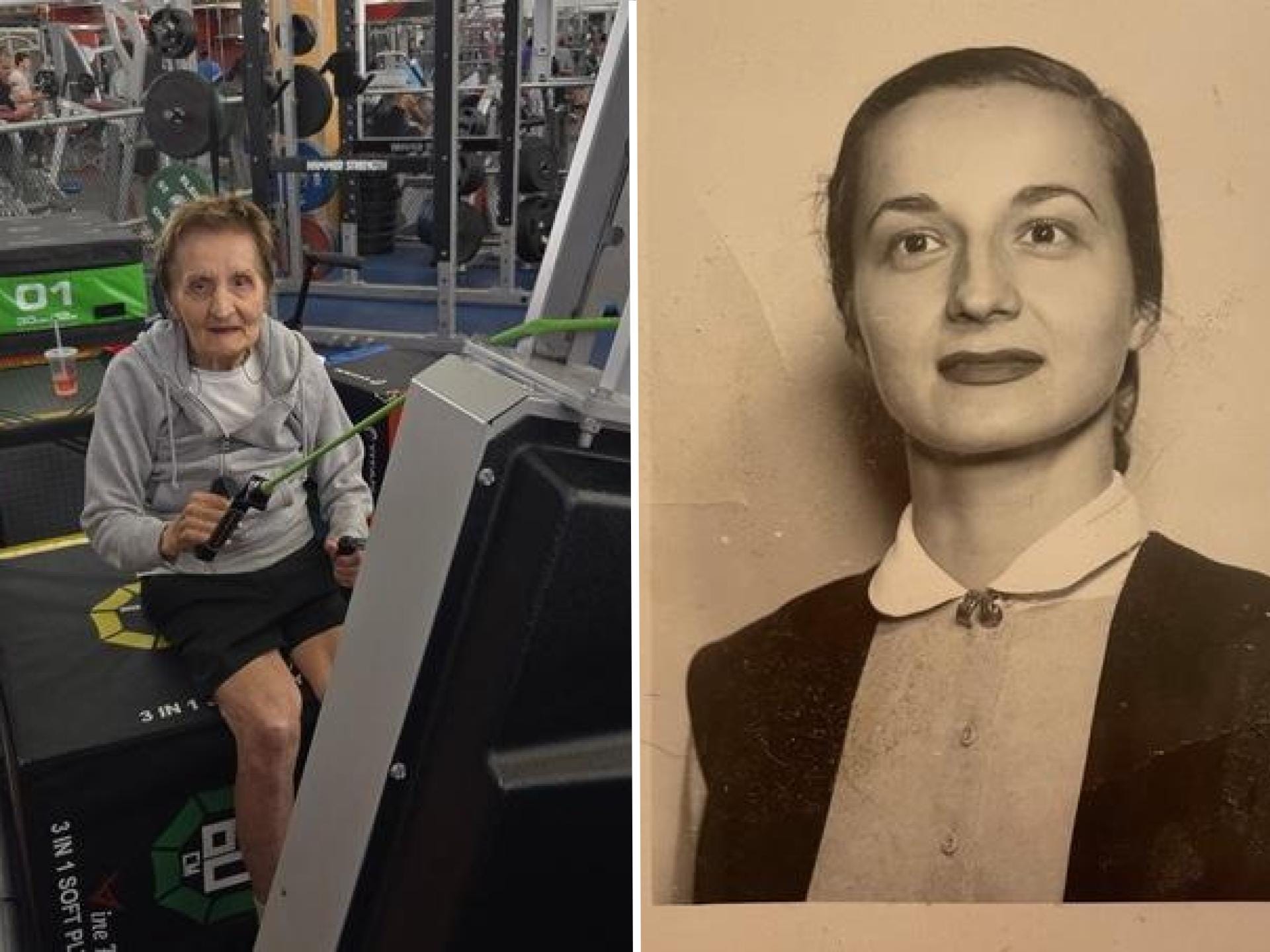 A split image shows an elderly woman at the gym working out next to a sepia-toned portrait of the same woman as a young teacher.