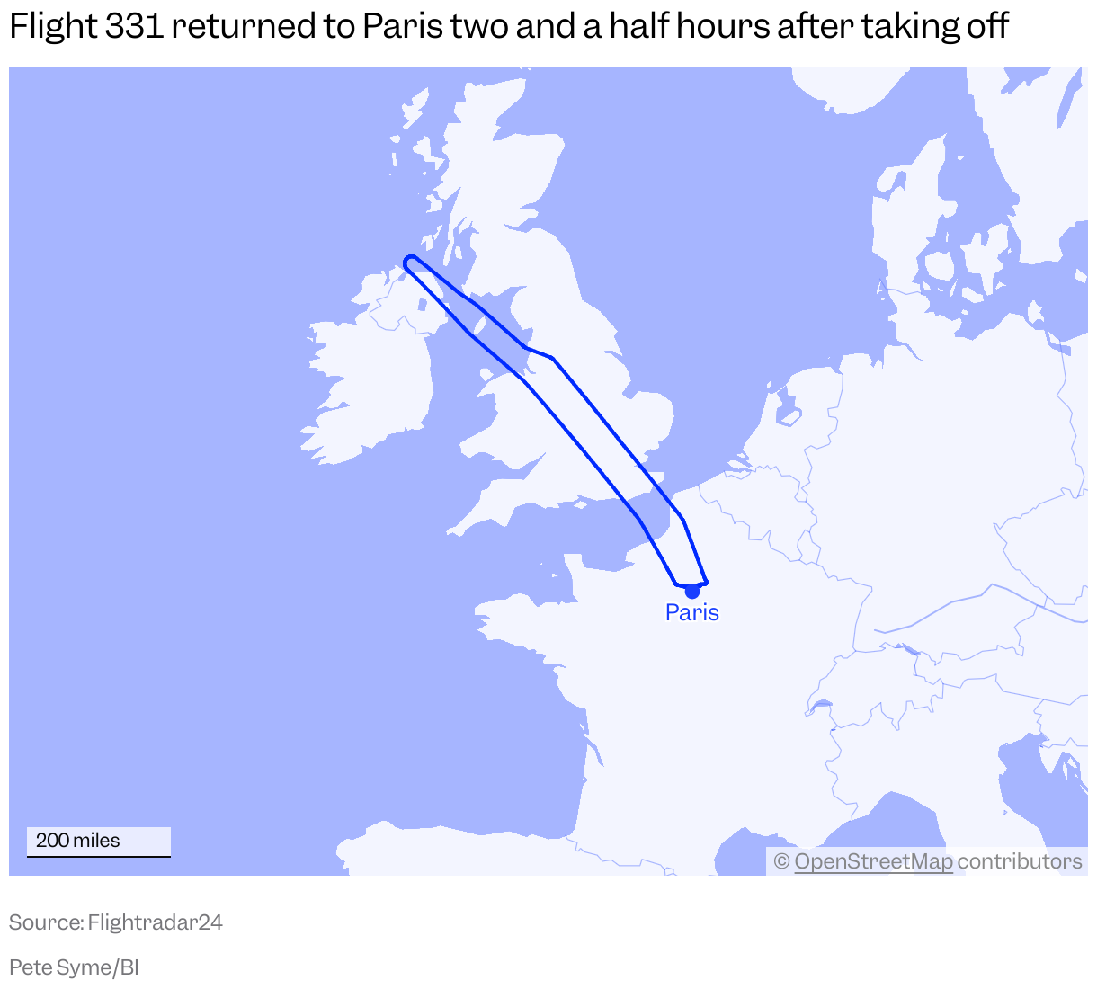 A map of northern Europe showing the flight path of United Airlines Flight 331 on September 28, 2025, returning to Paris.