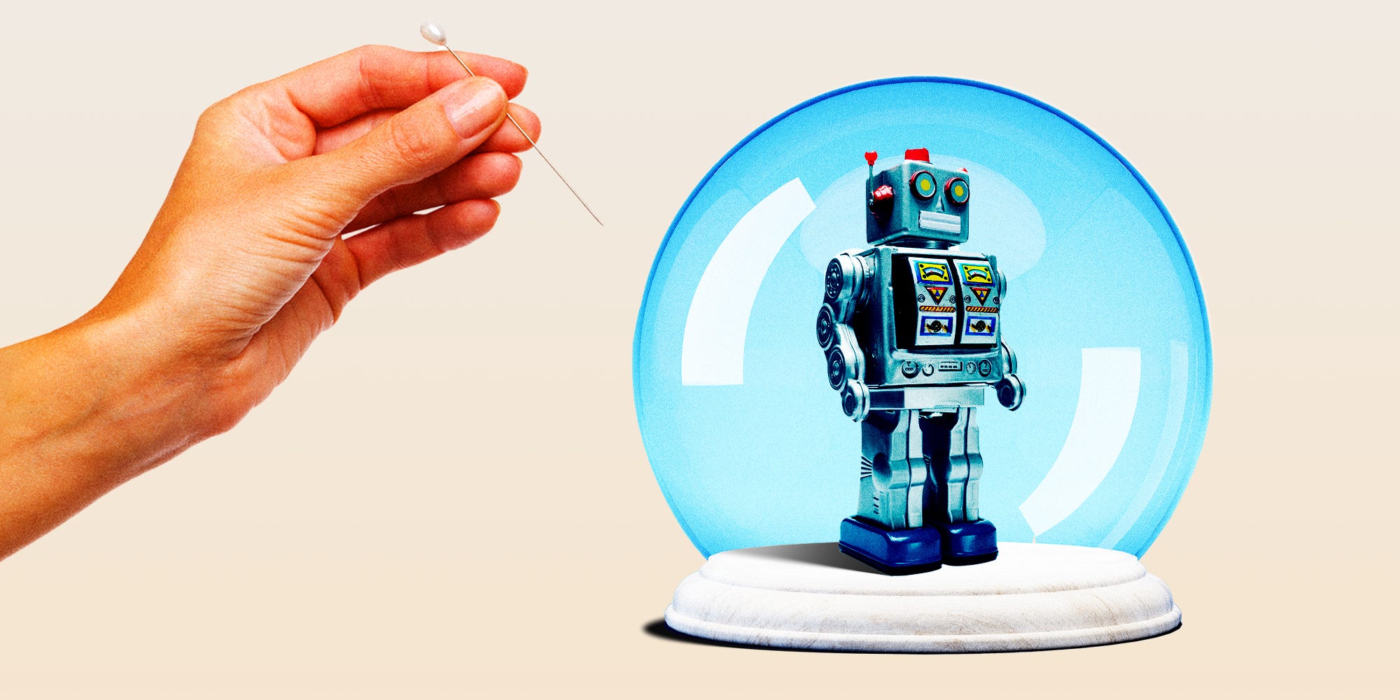 A hand holding a pin near a bubble holding a robot