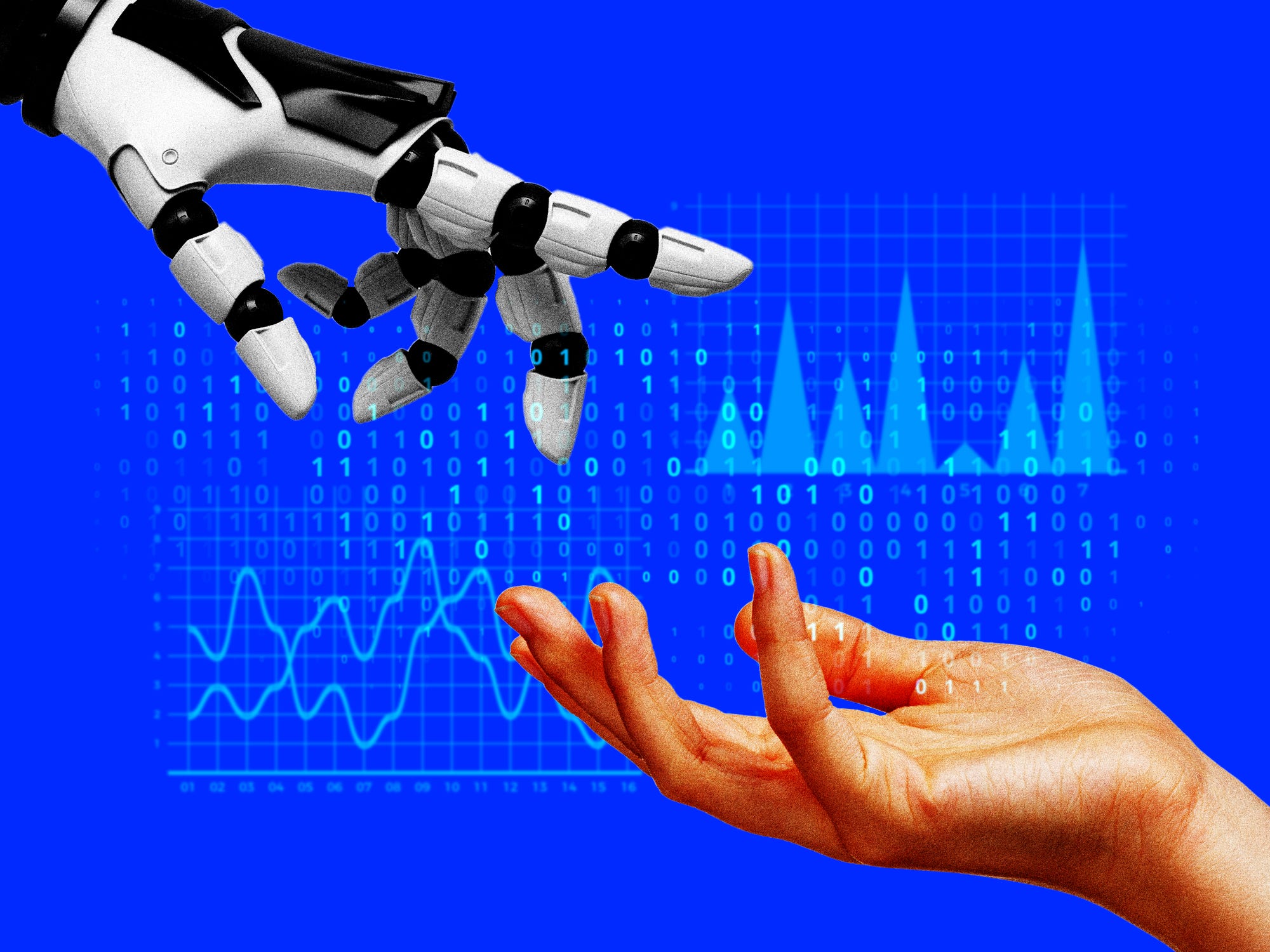 A robot hand reaching towards a human one in the style of Michelangelo's The Creation of Adam