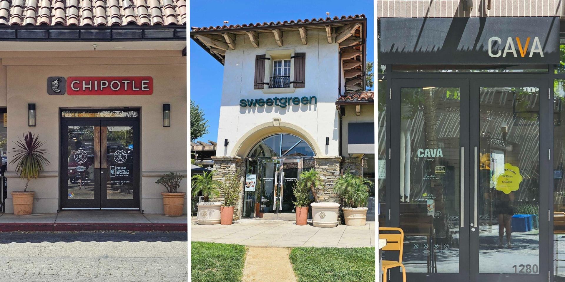 A photo composite of the storefronts from Chipotle, Sweetgreen, and Cava restaurants.