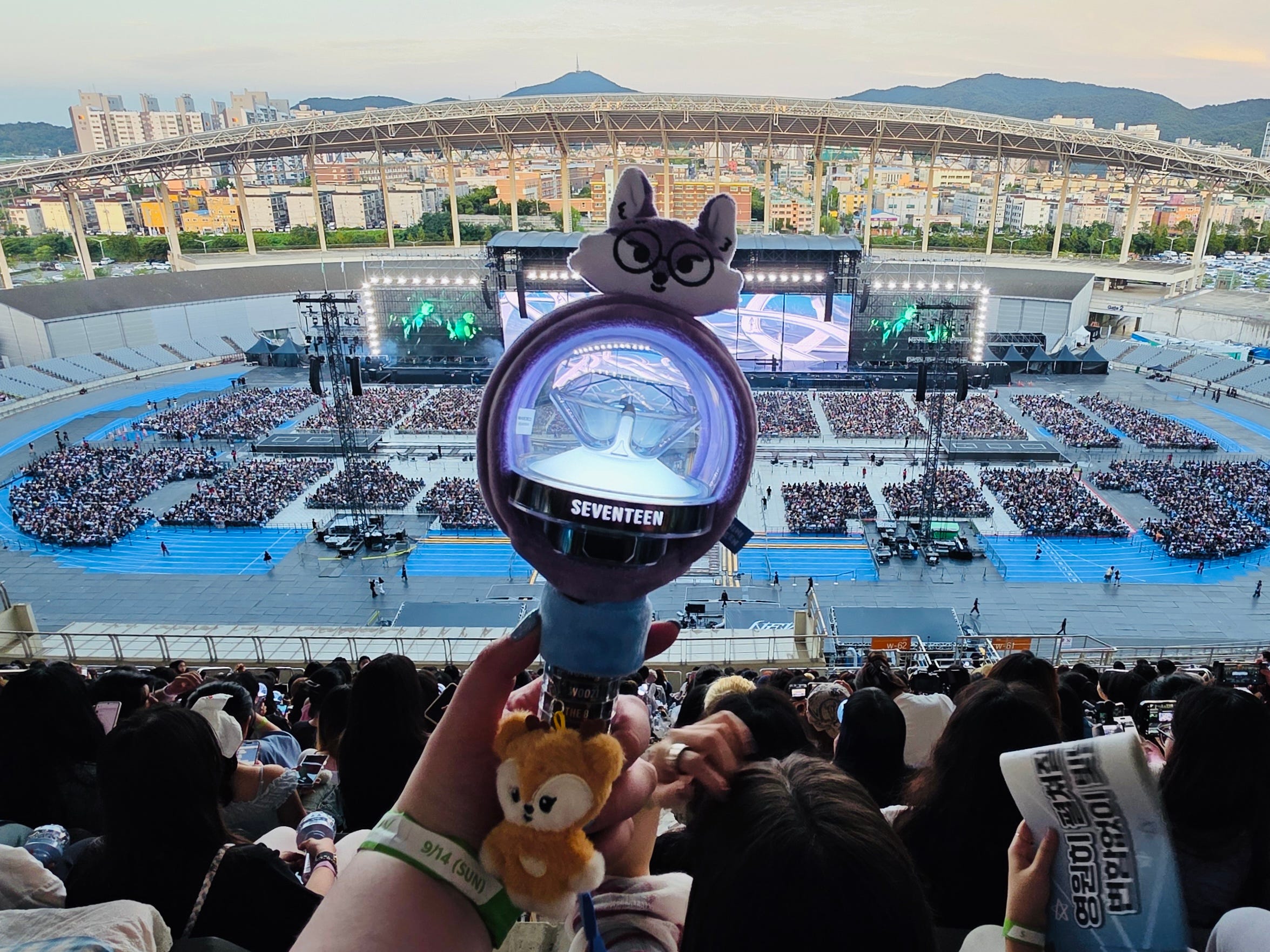 An image of the author's light stick, held up against the backdrop of Seventeen's concert arena.